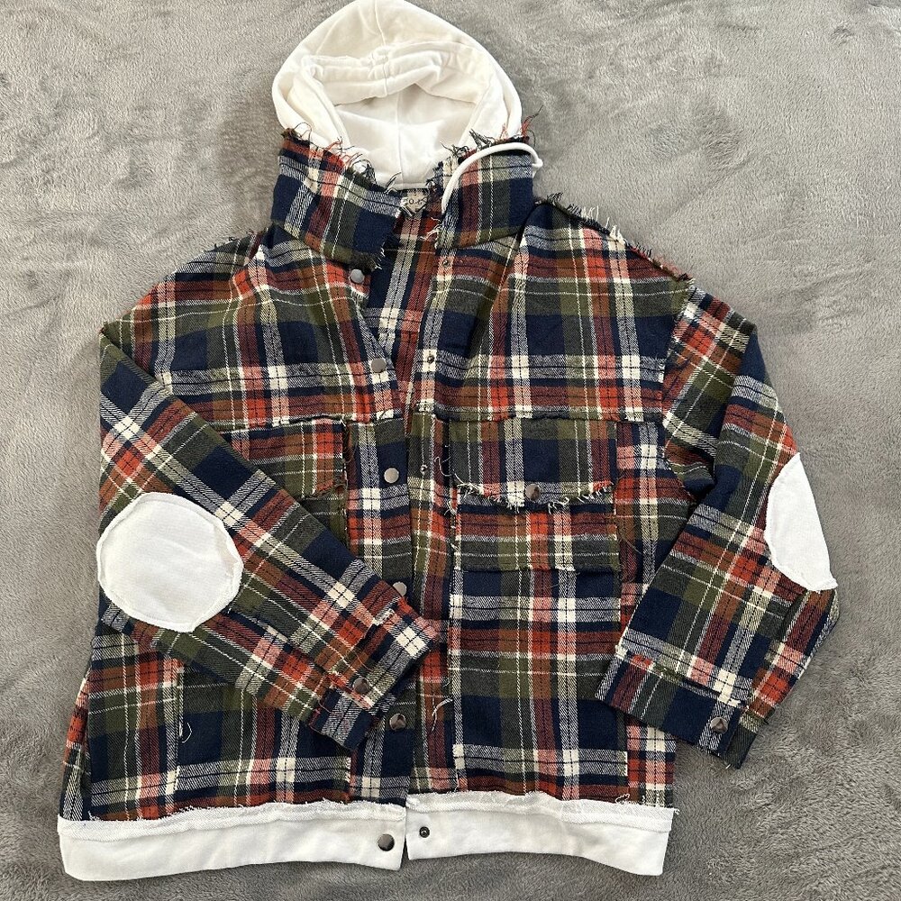 POL Plaid Button-Down Jacket in Navy, Olive & Rust with Cream Hood